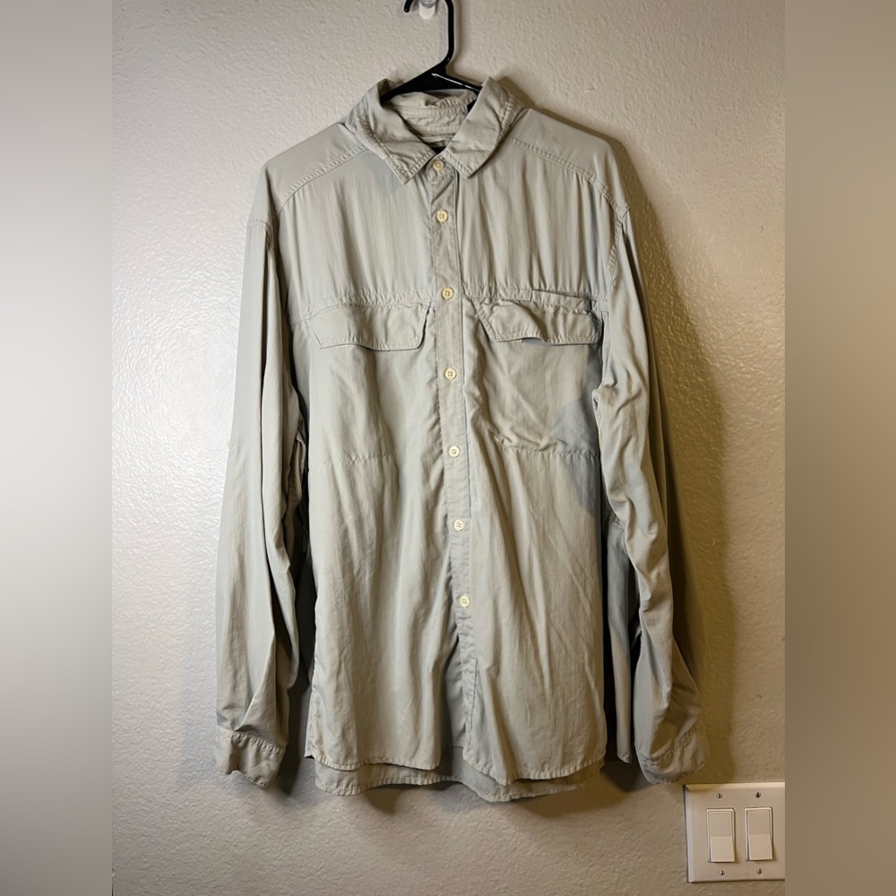 Rei Mens Fishing Hiking Vented Shirt Sz Large L Long Sleeve Tan UPF 50+